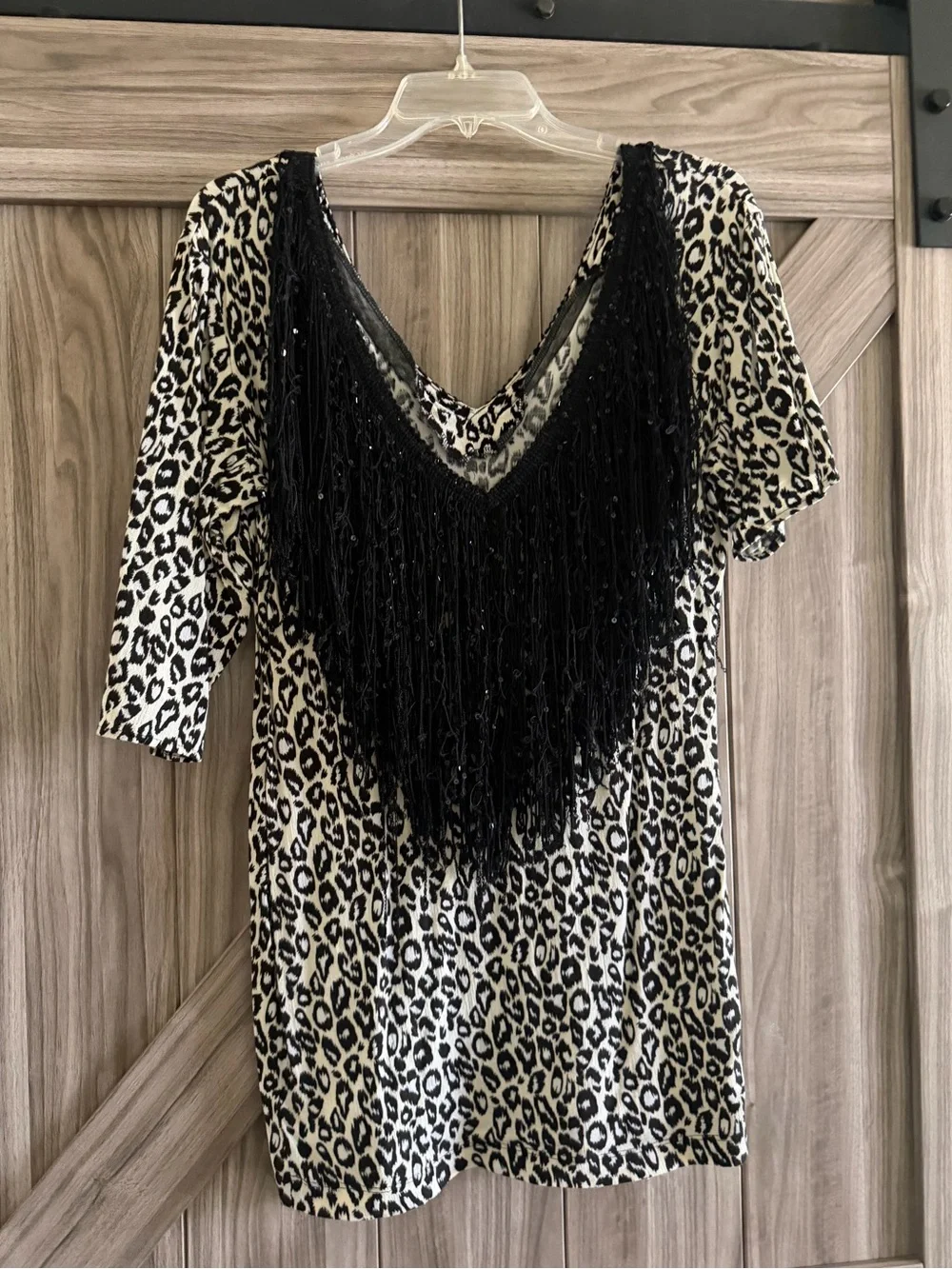 Leopard Print Fringe V-Neck Tunic - Black & Cream